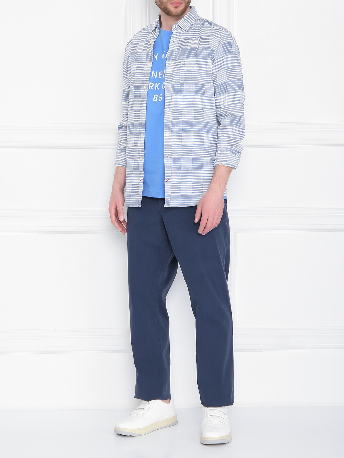 Рубашка из хлопка и льна с узором Tommy Hilfiger  –  МодельОбщийВид  – Цвет:  Синий