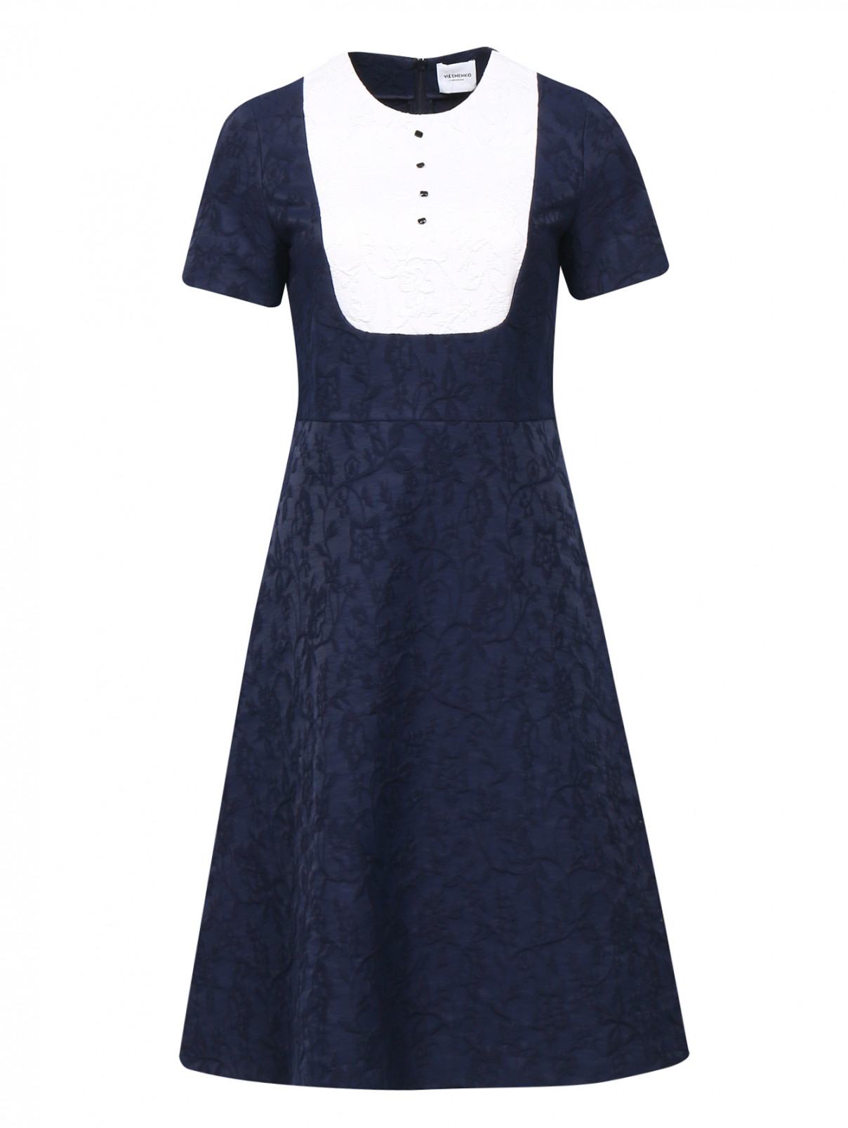 Платье из хлопка с короткими рукавами и контрастной встакой Vilshenko  –  Общий вид  – Цвет:  Синий