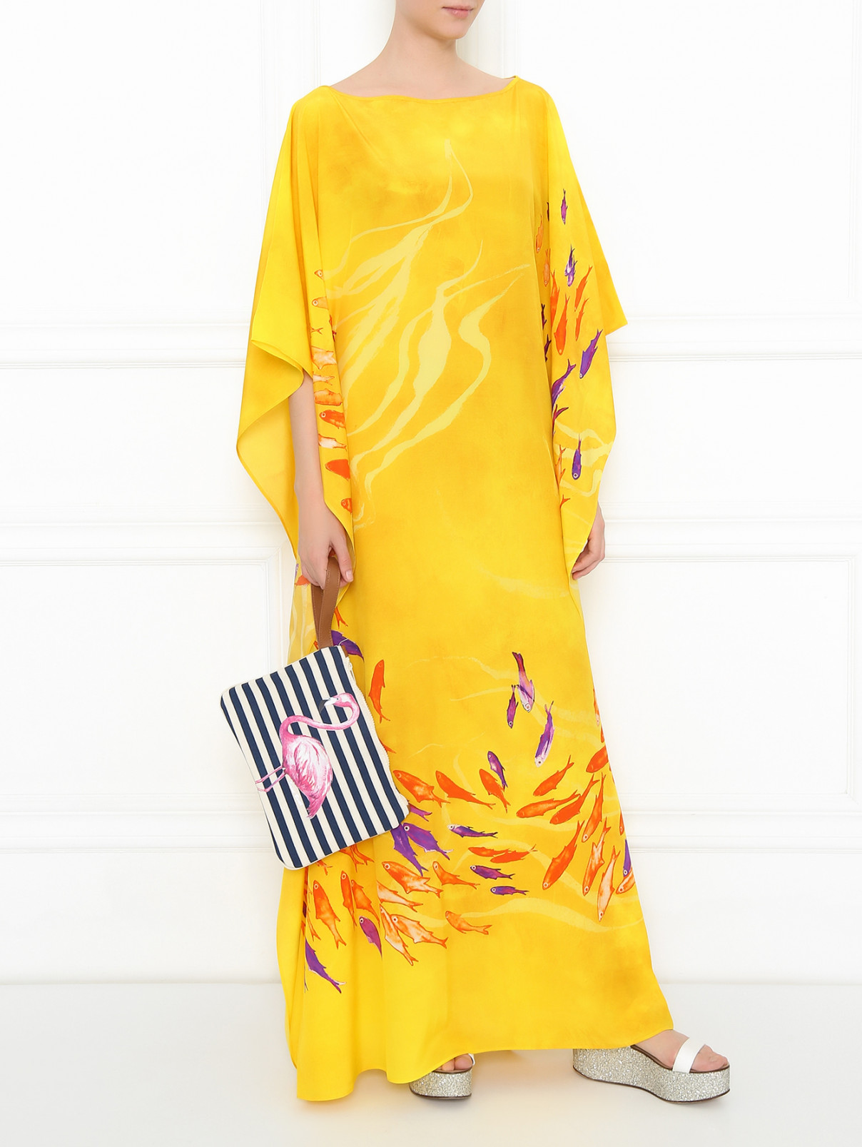 Шелковое платье-макси свободного кроя с принтом Stella Jean  –  МодельОбщийВид  – Цвет:  Желтый