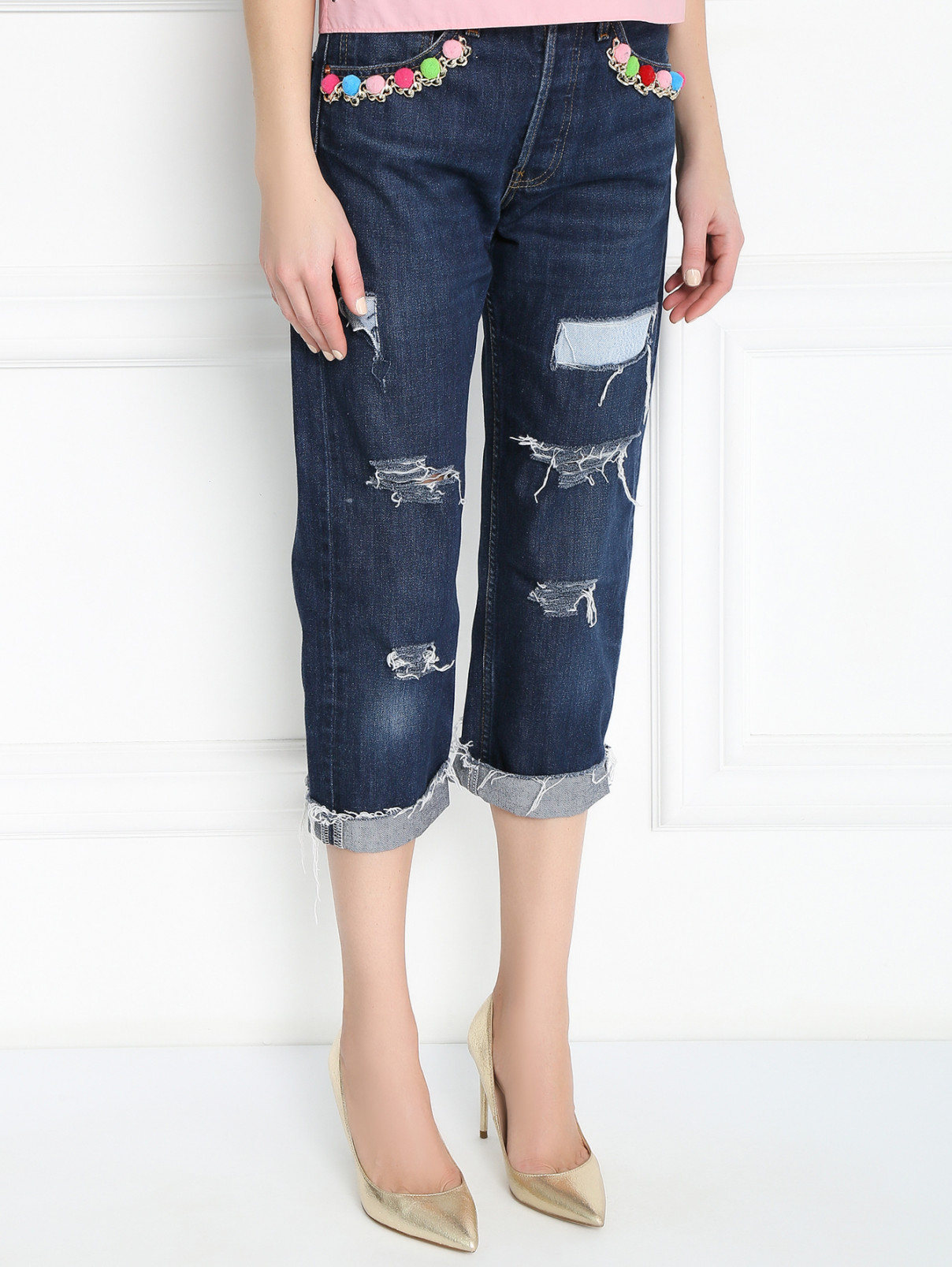 Укороченные джинсы с декоративной отделкой Forte Dei Marmi Couture  –  МодельВерхНиз  – Цвет:  Синий