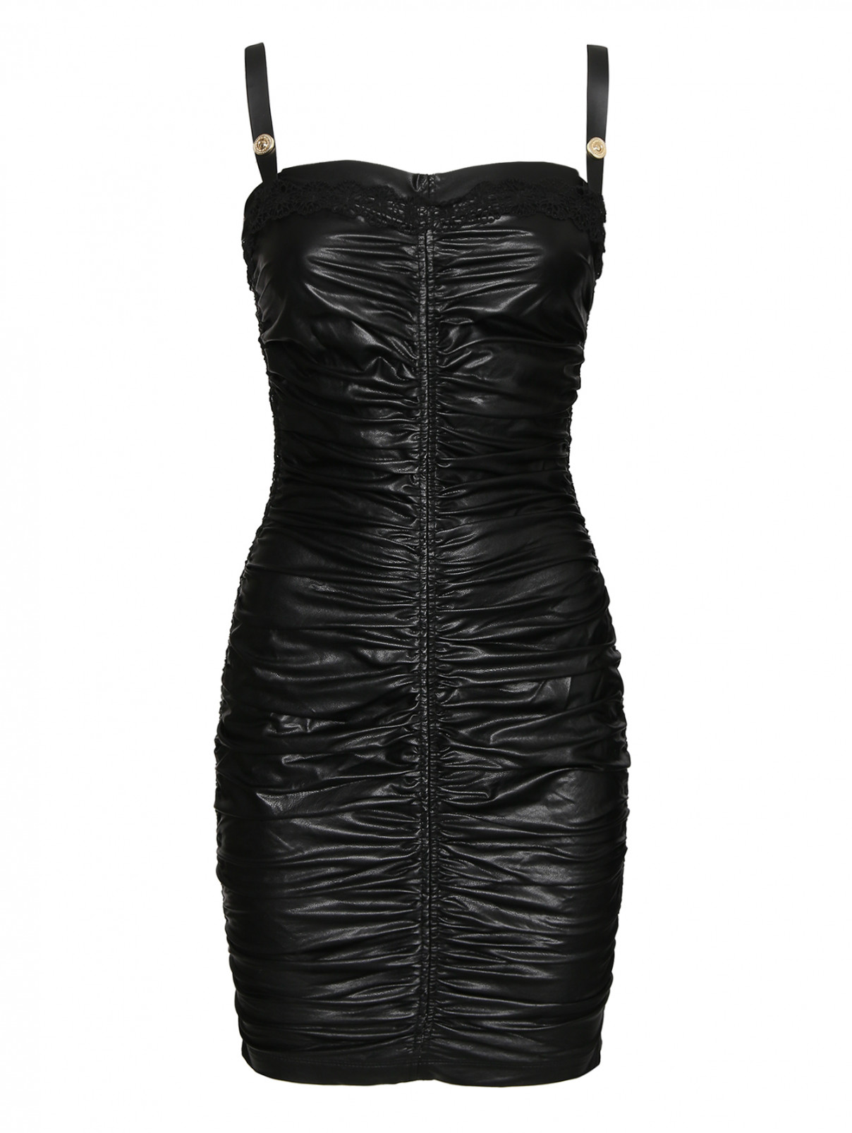 Платье из искусственной кожи со сборками VERSACE JEANS COUTURE  –  Общий вид  – Цвет:  Черный