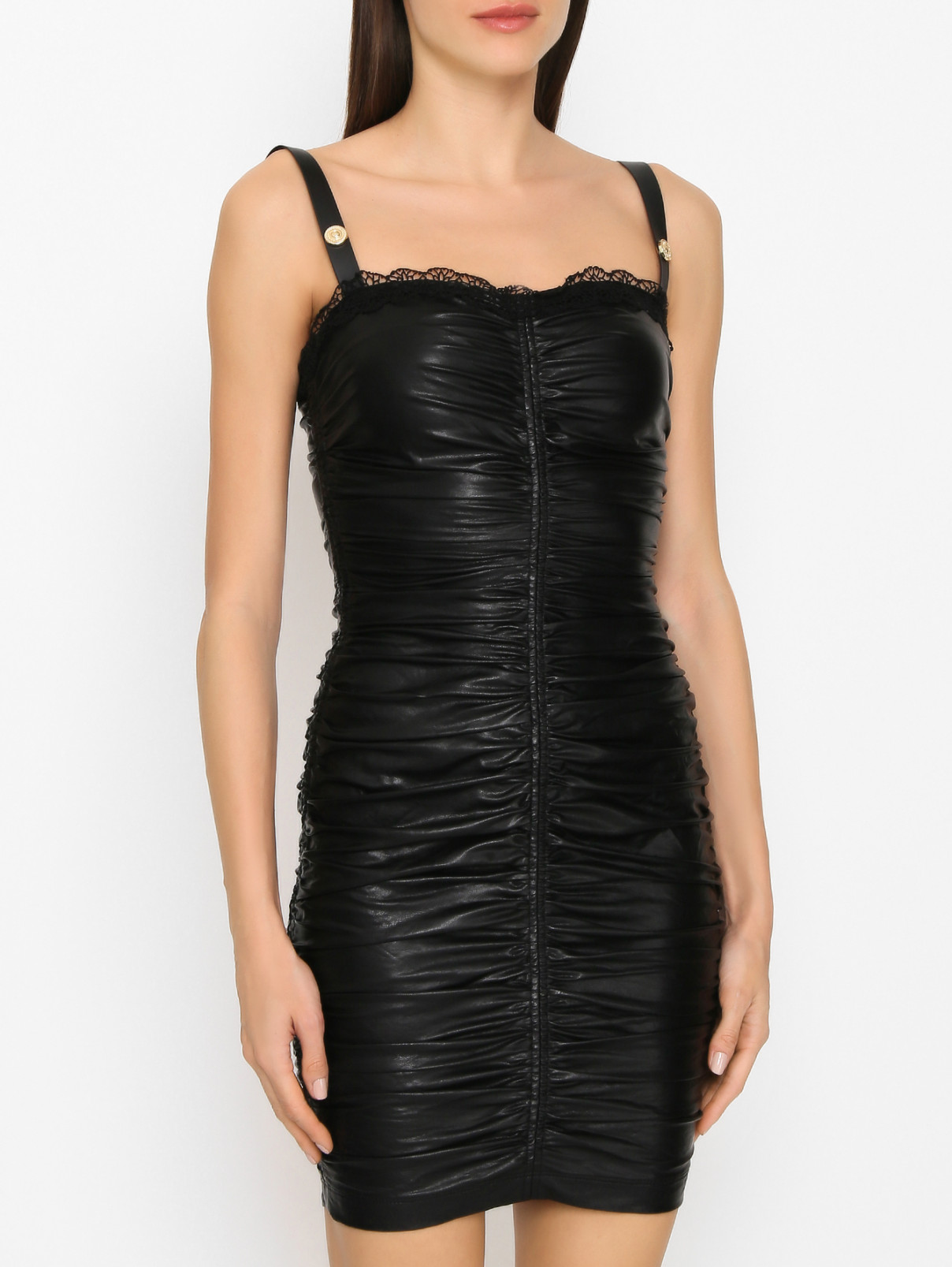 Платье из искусственной кожи со сборками VERSACE JEANS COUTURE  –  МодельВерхНиз  – Цвет:  Черный